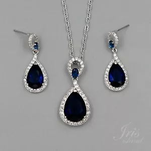 Damen Blau Zirkonia CZ Halskette Anhänger Ohrringe Hochzeit Schmuck Set 01267 - Bild 1 von 7