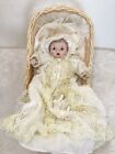Vintage 1989 Porcelain 9” Baby Doll With Wicker Bassinet