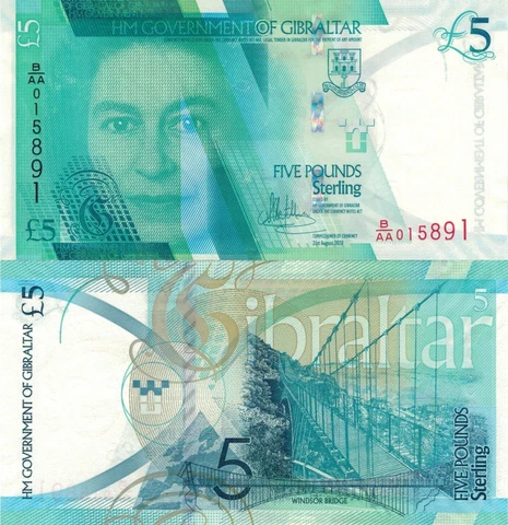 Gibraltar 5 Pounds (21.8.2020) - QE II/Windsor Bridge, p-New A-UNC Counting Tick Cover