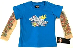 Kids Harley Davidson Toddler Girls Blue Tattoo Sleeve Shirt - Picture 1 of 2