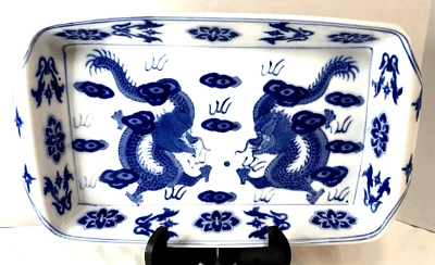 Blue & White Chinese Dragon  Hand-Painted Stoneware Casserole Baking Dish - Image 1 of 4