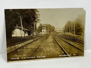 RPPC Reading Railroad Tracks & Station Building RR Woodbourne PA Langhorne Bucks - Picture 1 of 7
