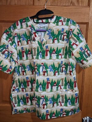 Vtg Christmas scrub top x small snowmen w/scarves medical uniform winter nursing - Image 1 of 4