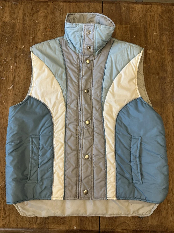Vintage 70s Sigallo Puffer Vest, Med, Blue/Grey/White Colorblock - Image 1 of 4