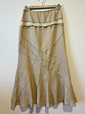 Falda midi de lino Winona de colección talla 40 (M) 29" cintura beige cuentas occidentales encaje francés Foto 1 de 4