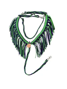 Horse Fringe Breast Collar purple and neon green With Wither Strap - Picture 1 of 9