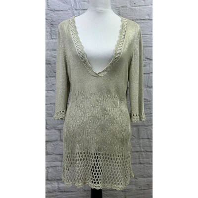 Passport Pullover Größe L passt 12 Plunge V-Ausschnitt Metallic Gold Häkel Grannycore - Bild 1 von 4