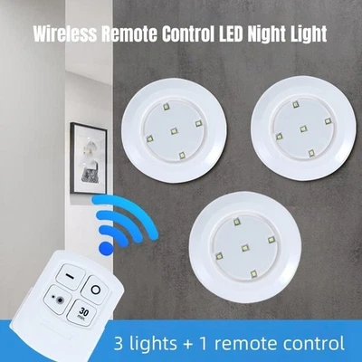 3PCS Wireless Stick On Puck LED Tap Light Bright Under Cabinet Closet Remote - Image 1 of 4