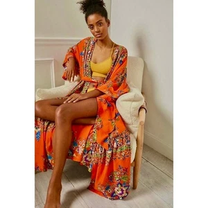 ANTHROPOLOGIE Emmanuelle orange Blumendruck Robe Maxikleid Boho Medium Large - Bild 1 von 13