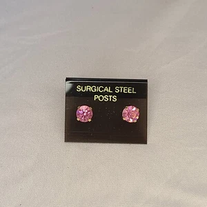 Surgical Steel Post Pink Stone Prong Setting Earrings Gold Tone Stud Minimal  - Picture 1 of 5