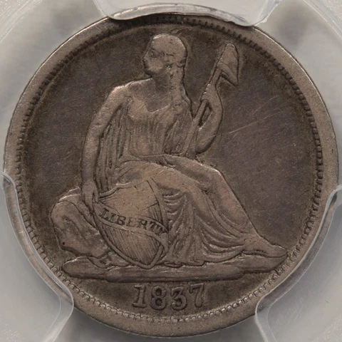 1837 No Stars, Large Date Liberty Seated Dime PCGS VF-20 (F-103, R-5) Cover