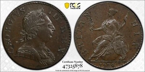 GREAT BRITAIN GEORGE III 1774 HALF PENNY ALMOST UNCIRCULATED PCGS CERTIFIED AU58 - Picture 1 of 8