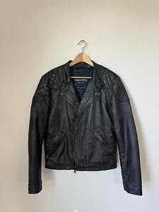 SUPERDRY ENDURANCE INDY CUSTOM LEATHER JACKET BLACK RUB OFF MENS SIZE Medium - Picture 1 of 9