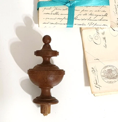 Post finial antique french turned wood catving topper Bed Grandfather clock 3.9" Cover