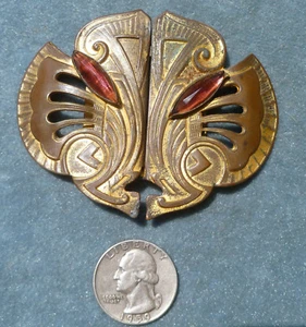 Vintage Art Deco Cat Face Amethyst Brass Belt Buckle - Picture 1 of 7