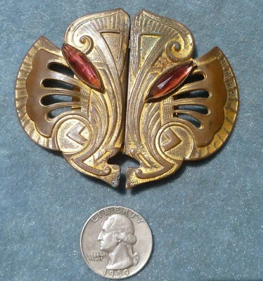 Fivela de cinto vintage art déco rosto de gato ametista latão - Imagem 1 de 4