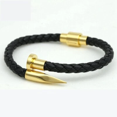 Hombre 8" Acero Inoxidable.Negro,Trenzado.Cuero*Pulsera Magnética Chapada en Oro*CAJA Foto 1 de 3