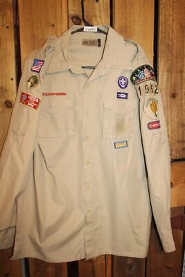 Boy Scouts Men's Adult Shirt Medium Tan Long Sleeve Sewn on patches - Image 1 of 4