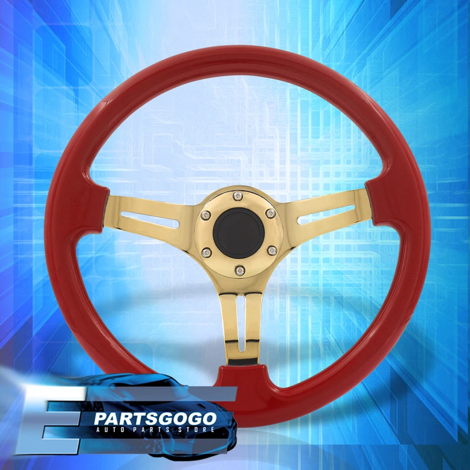 Universal 350mm Heavy Duty 6 Bolts Steel Steering Wheel Gold Center Red + Horn Foto 1 de 4