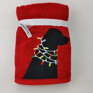 Set of 2 Jingles & Joy Bath Hand Towels Christmas Embroidered Black Lab Dog Red - Picture 1 of 7