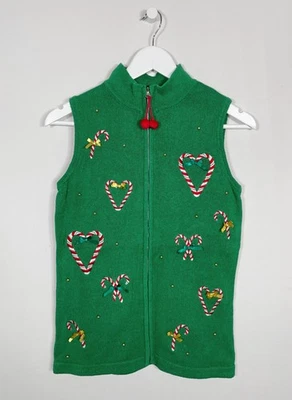 Vintage 90s Green Christmas Knitted Waistcoat Candy Cane Zip Front UK6 - Image 1 of 4