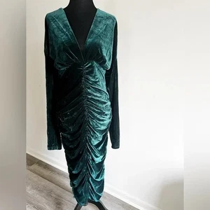 Velvety V-neck Ruched Long Sleeve Holiday Cocktail Event Dress in Green Sz 10 - Picture 1 of 6
