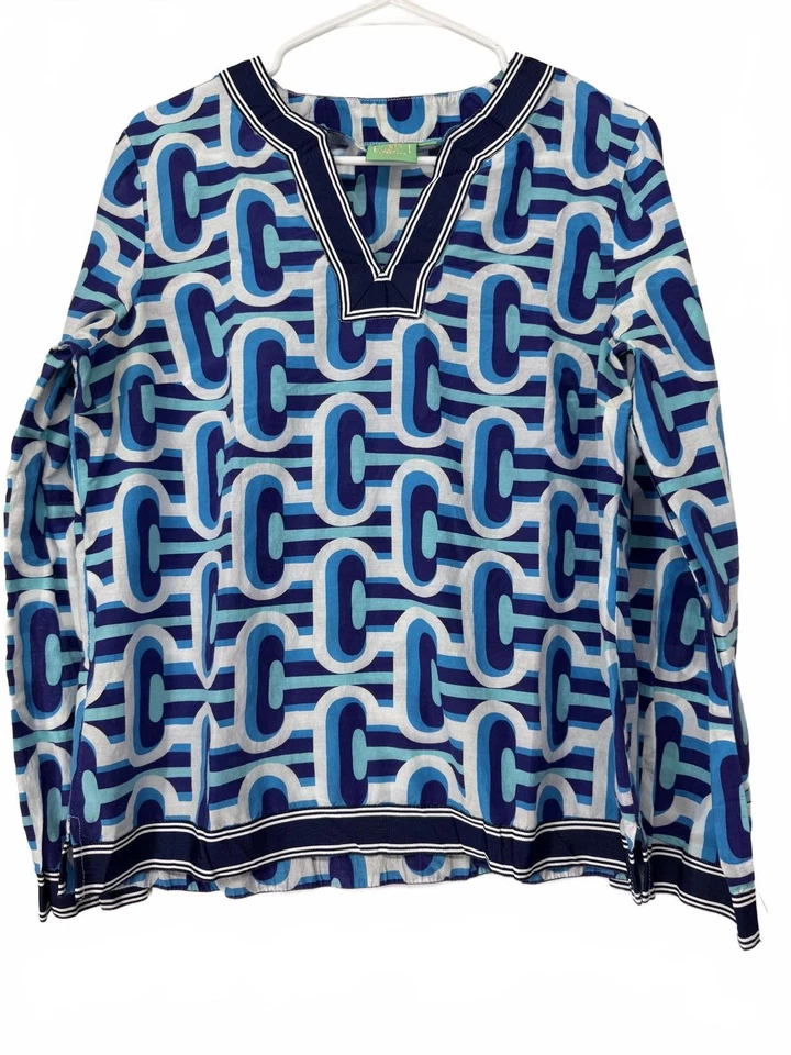 Blusa Jules Reid Mujer Talla M Lino Azul Manga 3/4 Cuello en V Verano Boho Foto 1 de 4