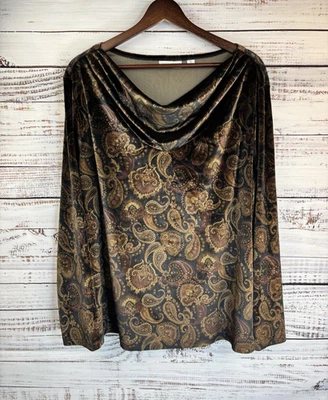 Велюровый топ Susan Graver XL бархатный пейсли коричневый зеленый воротник-капот ретро старые деньги - Изображение 1 из 4