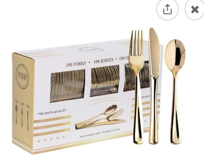 Juego de cubiertos de plástico dorado de 300 piezas, tenedores, cucharas, cuchillos, 100 cada boda Foto 1 de 2