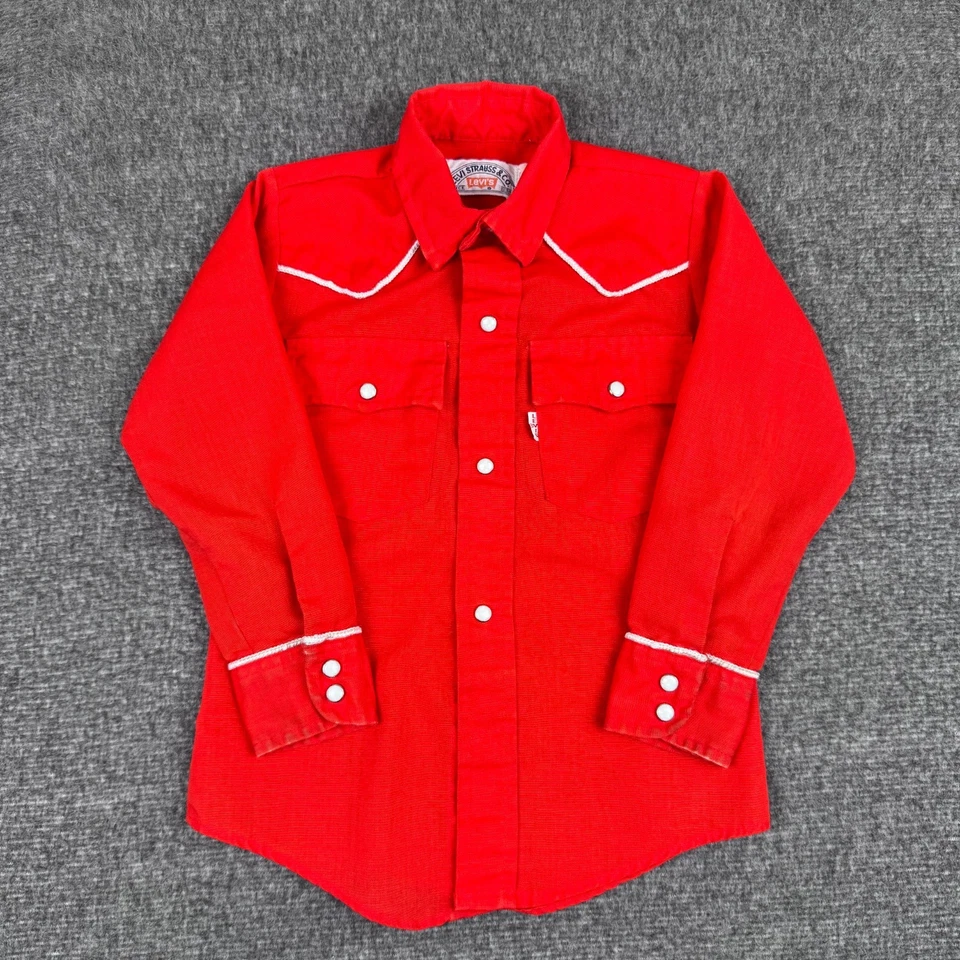 Camisa Vintage Levis Pearl Snap Infantil 4 Red Western Cowboy Manga Longa Grande E Anos 70 - Imagem 1 de 4