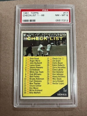 Lista de verificación Topps 1961 1-88 #17 graduado PSA 8 casi nuevo-como nuevo Foto 1 de 2
