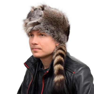 Sombrero de trampero de piel de mapache genuino para hombre con cola y cabeza gorra de invierno esquí piel real Foto 1 de 2