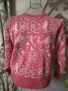 Vintage 80's Women's Nordic Style Ski Sweater Pullover Large Pink White WOW! - Picture 1 of 1