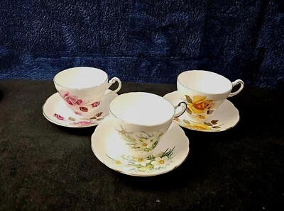 Regency English Bone China England 3 Cups/Saucers Purple Orange Rose Daffodil - Image 1 of 4