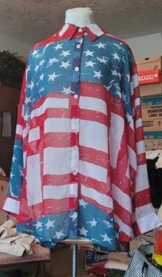 Blusa Camisa Blusa Main Street Blues BANDERA AZUL VERDE AZULADO ESTRELLAS Botón Frontal Transparente 3X Foto 1 de 2