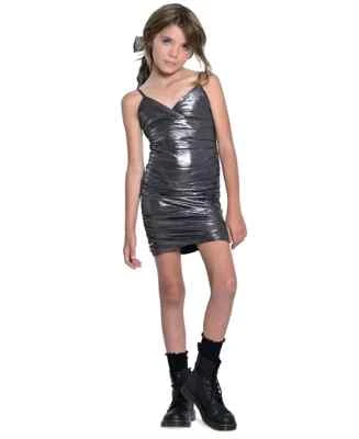 Mini Vestido Con Jules Metálico Acanalado Niñas Grandes L Negro Sobrepelliz Cuello Cremallera Trasera Foto 1 de 4