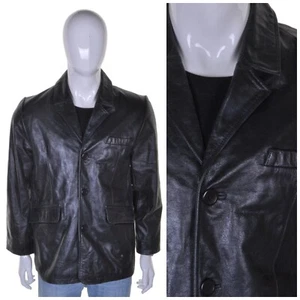 VINTAGE 90s Y2K schwarze Lederjacke M 70s Style Knopf gefüttert Mantel Blazer - Bild 1 von 8