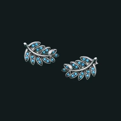 14k White Gold Plated Leaves Turquoise Stud Earrings 925 Solid Silver - Image 1 of 3