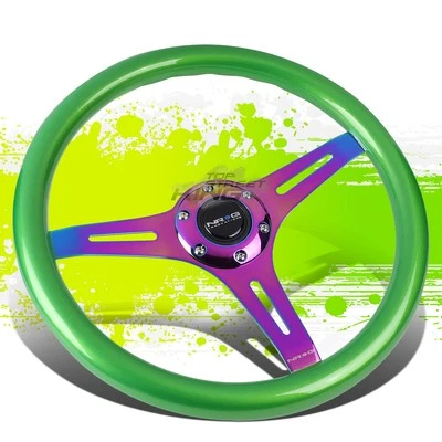 NRG INNOVATIONS 350MM 6-BOLT GREEN WOOD GRIP NEO CHROME SPOKE  STEERING WHEEL - Image 1 of 4