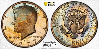 PR64 1977-S 50C Kennedy Proof Half Dollar, PCGS Trueview- Rainbow Toned - Image 1 of 3