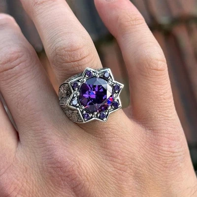 Anillo estrella ovalado de plata de ley amatista grabado a mano para hombre Foto 1 de 4