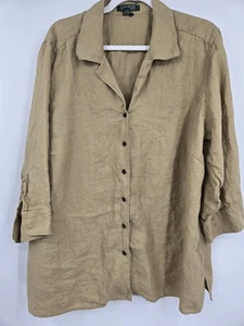 Lauren Ralph Lauren Tan Linen Tunic Top Size 2X Lagenlook Button Front Logo - Picture 1 of 5
