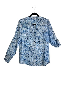 Calvin Klein Blue/White Snakeskin Pattern Roll Tab Sleeve Chiffon Blouse Sz M - Picture 1 of 9