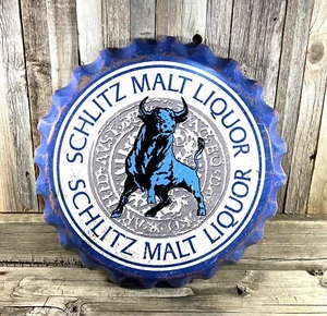 Schlitz Malz Schnaps Flaschenverschluss groß 18" Metall Aluminium Schild Garage Bar Dekor - Bild 1 von 3