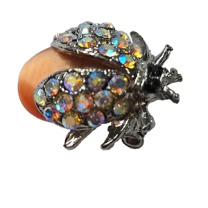 Vintage AB Rhinestone Brooch Lady Bug Beetle Orange Cabochon Silver tone Pin - Picture 1 of 6