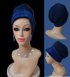 Pretty Turban .Cancer Hat Hair Loss. sewn Bad on top.Blue on Sequence Royal Blue - Picture 1 of 9