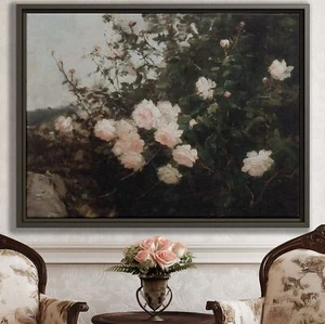 Arte de pared floral pintura al óleo lienzo impresión rosas vintage decoración de jardín enmarcado hogar - Imagen 1 de 9