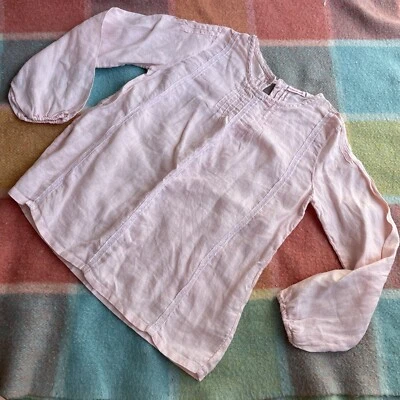 Monoprix Kids Sz 8 Pale Pink Linen L/sleeve Smock Top Blouse Lace Balloon Sleeve - Image 1 of 4