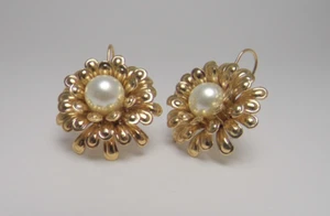 Orecchini donna pendenti fiore margherita perle stile vintage antico anni 50 oro - Foto 1 di 10