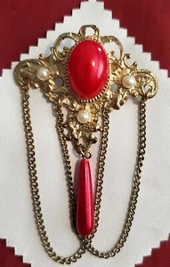 Vintage BROOCH Swag CHAINS Cabachon Faux RED Pearl Brooch victorian style - Picture 1 of 9